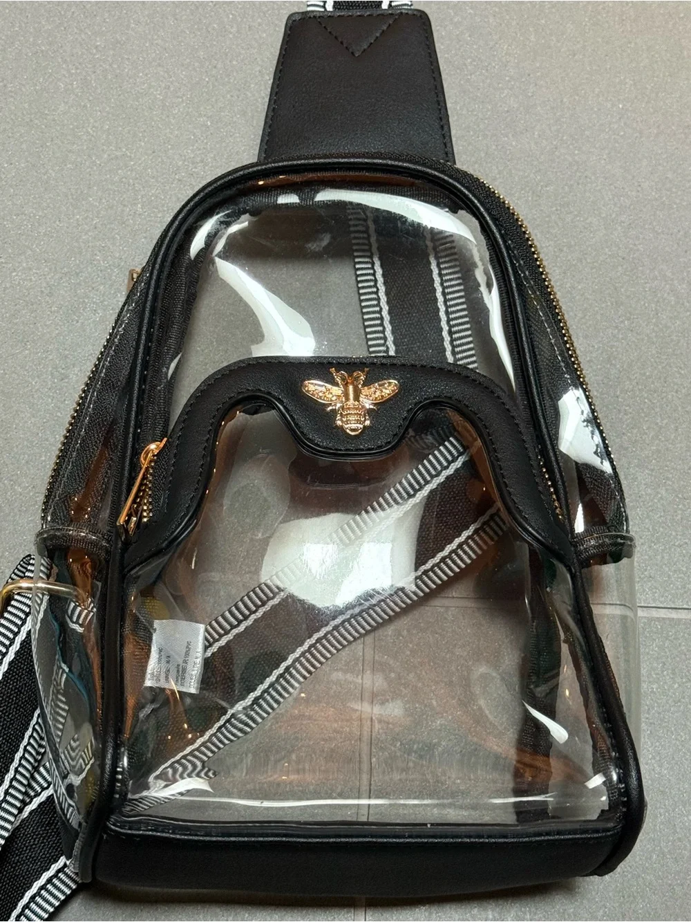 Black Clear Crossbody with Gold Bee Accent and Striped Strap